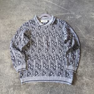 Vintage T.Q. Polo Sweater Mens S Gray Geometric 80s Retro Collared Knit Pullover